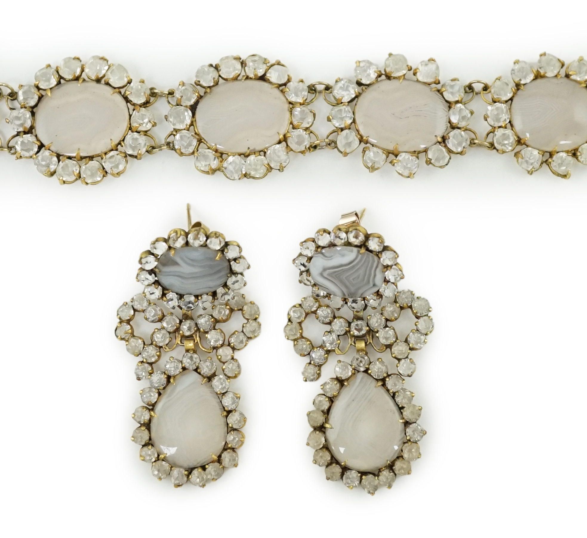 A good late 18th/early 19th century gilt metal mounted banded agate and white paste cluster necklace and pair of matching drop earrings